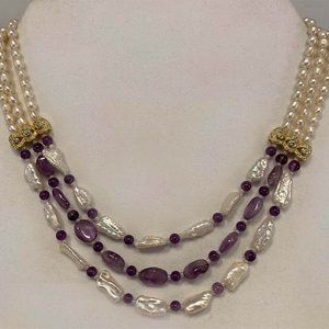 Three Strands Keshi Pearl, And Amethyst Necklace
